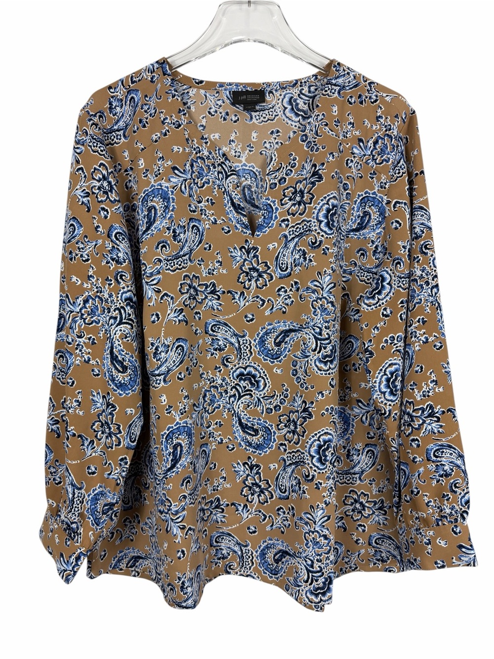 J. Jill Wearever Collection Paisley Floral Long Sleeve Blouse Tan Blue Size XL